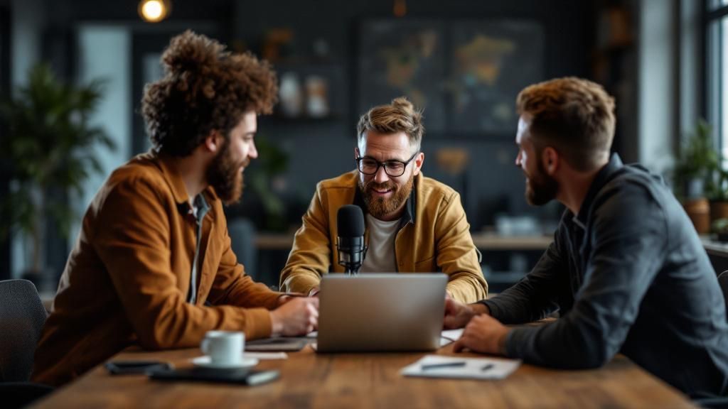 Image of a successful podcast team brainstorming distribution strategies