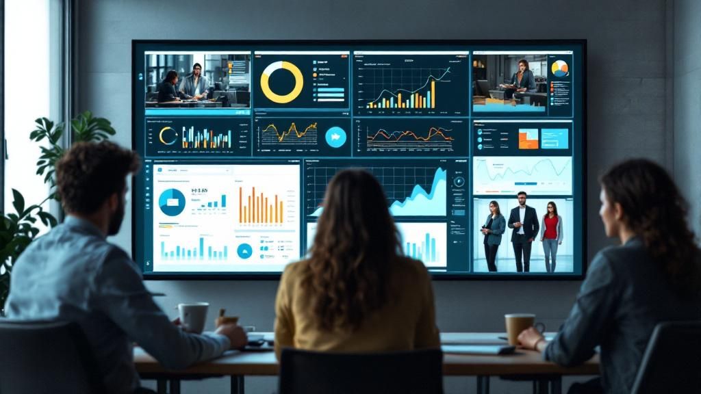 A digital marketing team analyzing data with video content and search engine analytics on a large screen.