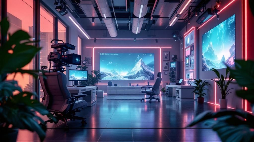 A futuristic scene with advanced video production technology, including drones and virtual reality, to depict the future of video production in branding.